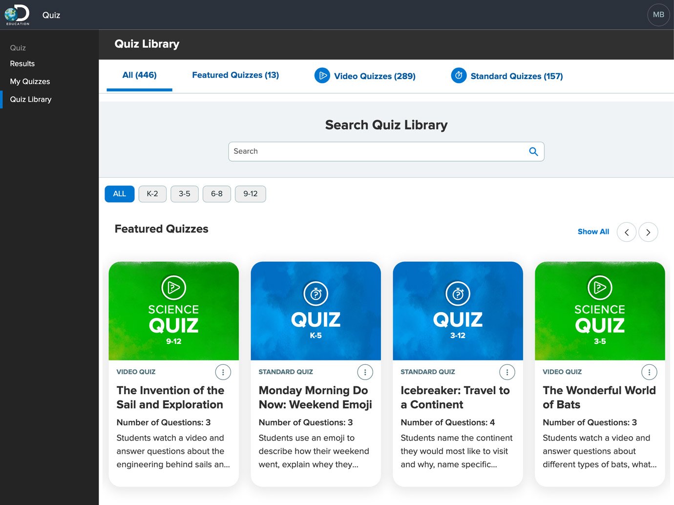 Screenshot of Quiz Library